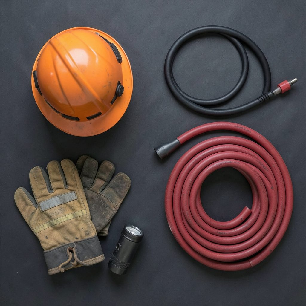 Overhead flat-lay of firefighting gear arranged on a dark surface: helmet, gloves, flashlight, and coiled hose in muted reds and blacks
