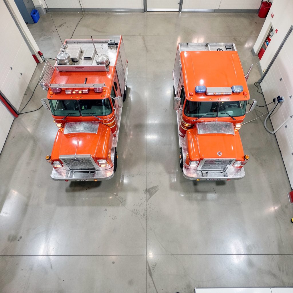 Interior of the fire station bay with two red fire trucks parked side by side, polished concrete floor reflecting overhead lights