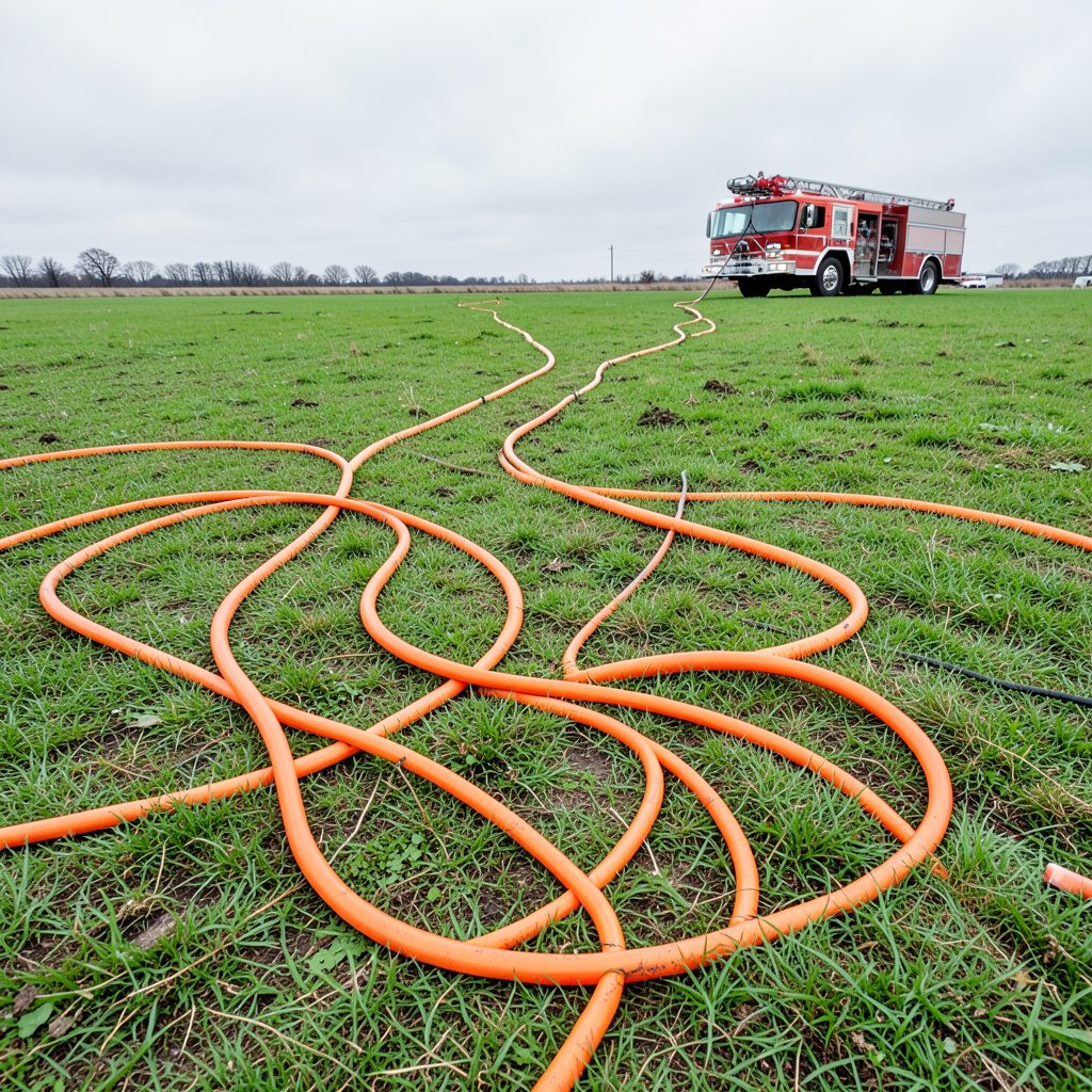Training exercise in an open field, hose lines stretched across green grass with a fire engine in the background under overcast skies